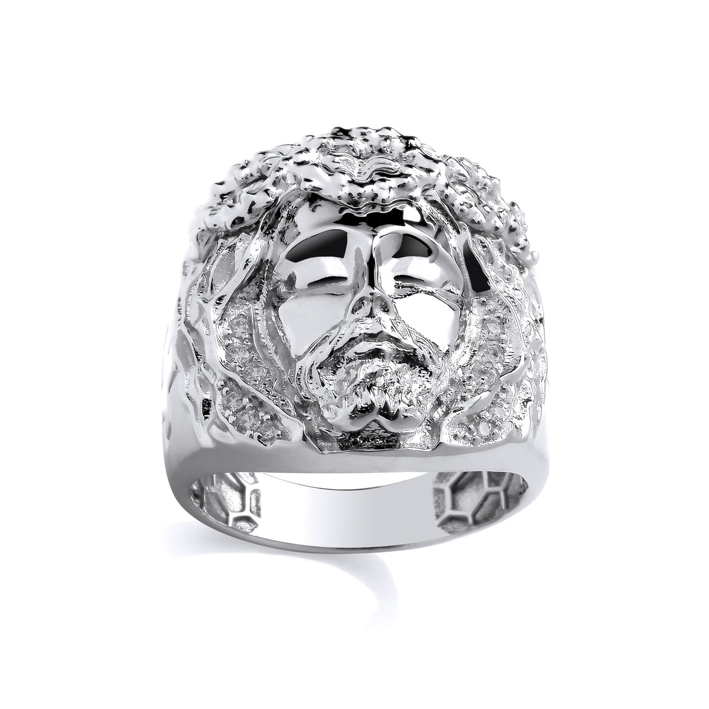 Silver  CZ Hexagon Honeycomb Jesus Head Dress Ring - GSR1104