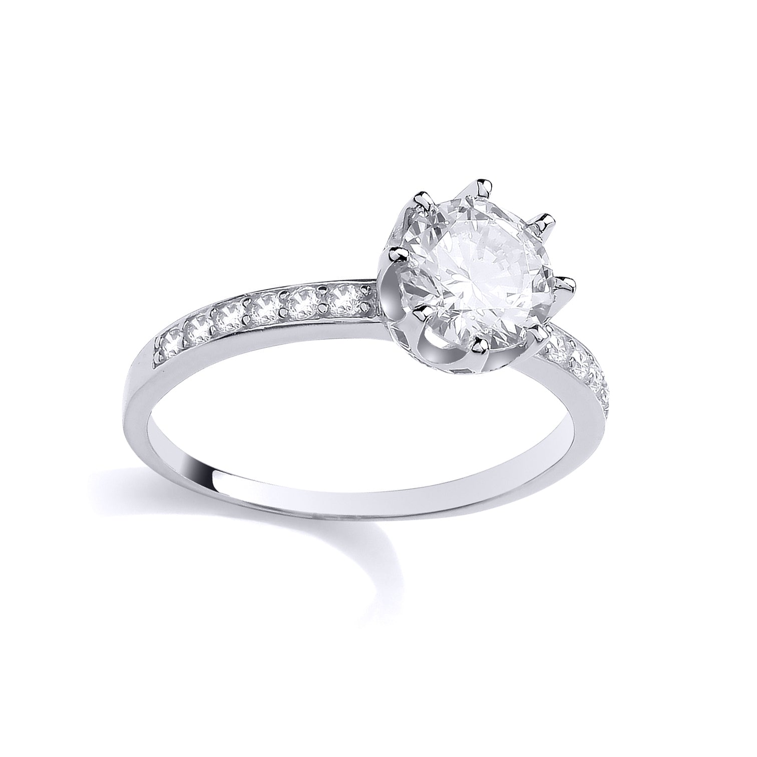 Silver  CZ 8-Claw Crown Collet Shoulder Set Solitaire Ring - GSR1108