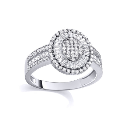 Silver  Baguette CZ Oval Dome Radial Halo Sunburst Engagement Ring - GSR1109