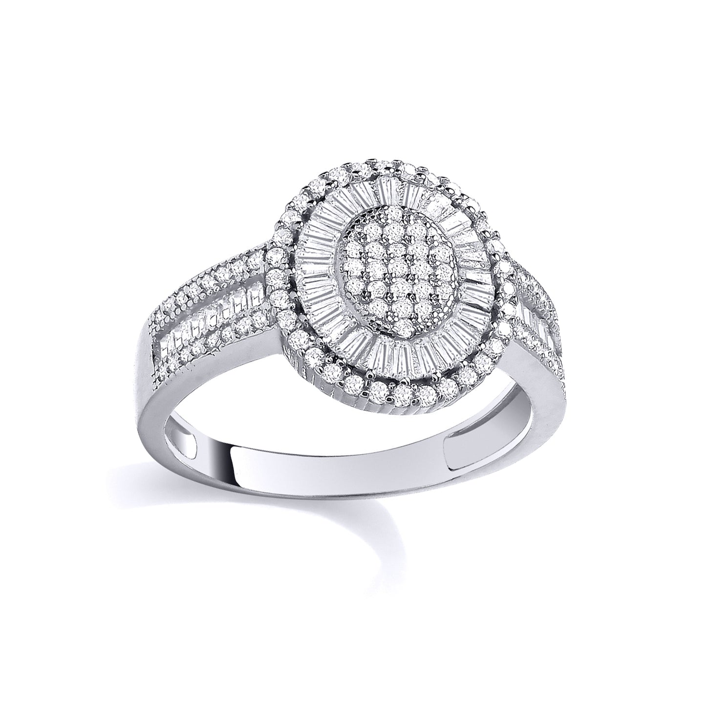Silver  Baguette CZ Oval Dome Radial Halo Sunburst Engagement Ring - GSR1109