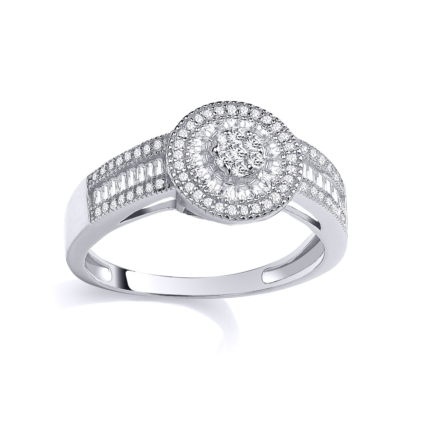 Silver  Baguette CZ Radial Halo Sunburst Cluster Engagement Ring - GSR1111