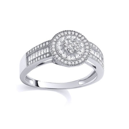 Silver  Baguette CZ Radial Halo Sunburst Cluster Engagement Ring - GSR1111