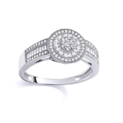 Silver  Baguette CZ Radial Halo Sunburst Cluster Engagement Ring - GSR1111
