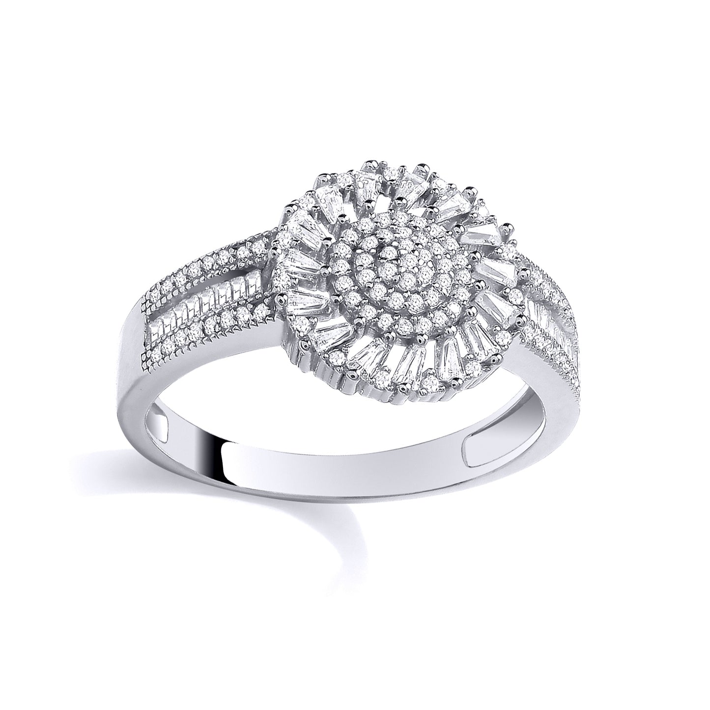 Silver  Baguette CZ Sunburst Diagonal Halo Domed Engagement Ring - GSR1112