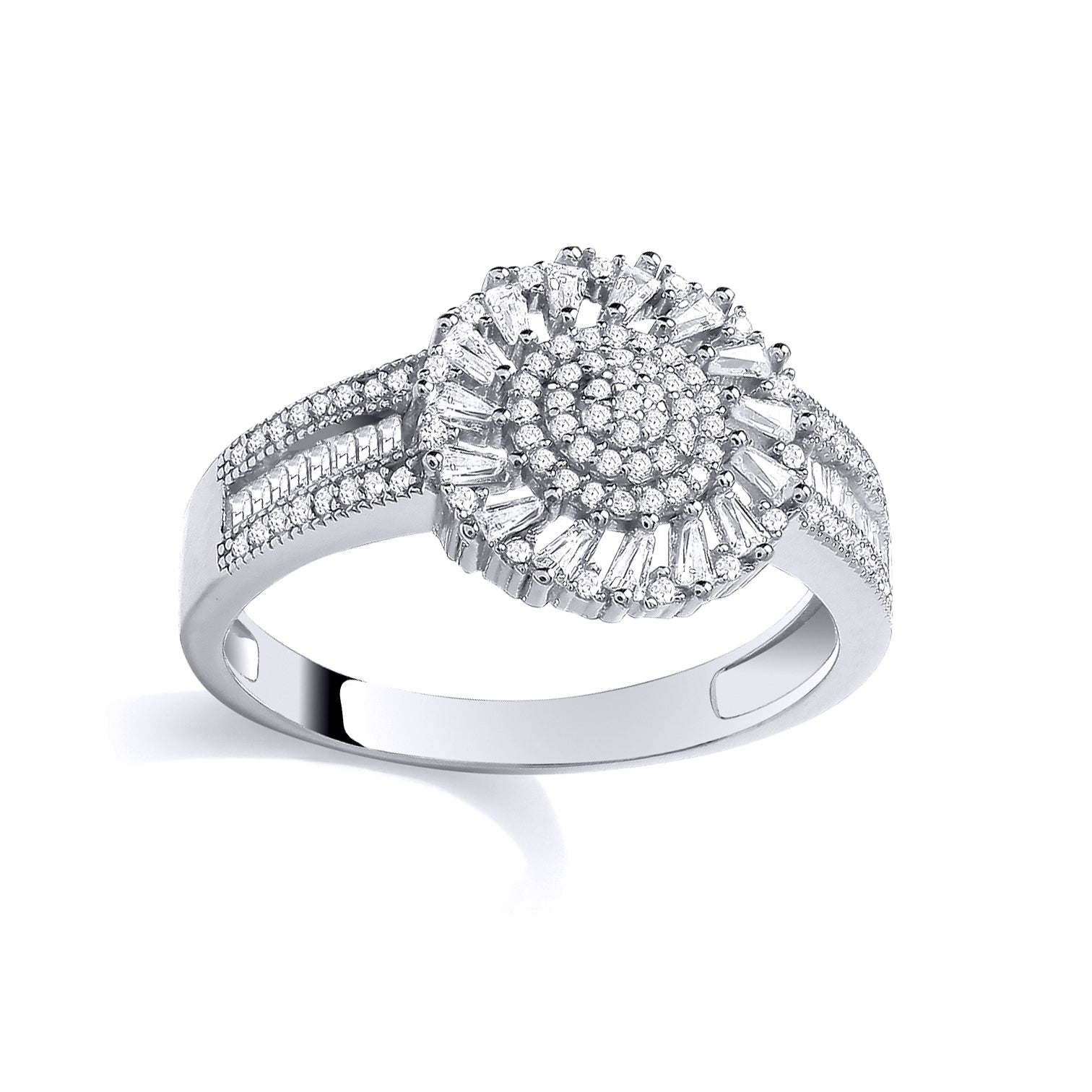 Silver  Baguette CZ Sunburst Diagonal Halo Domed Engagement Ring - GSR1112