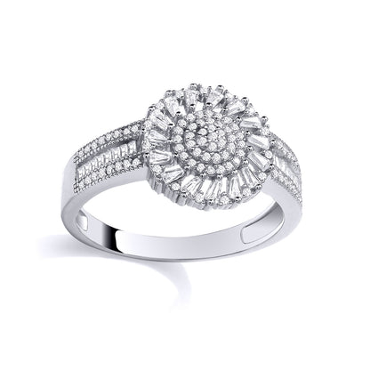 Silver  Baguette CZ Sunburst Diagonal Halo Domed Engagement Ring - GSR1112