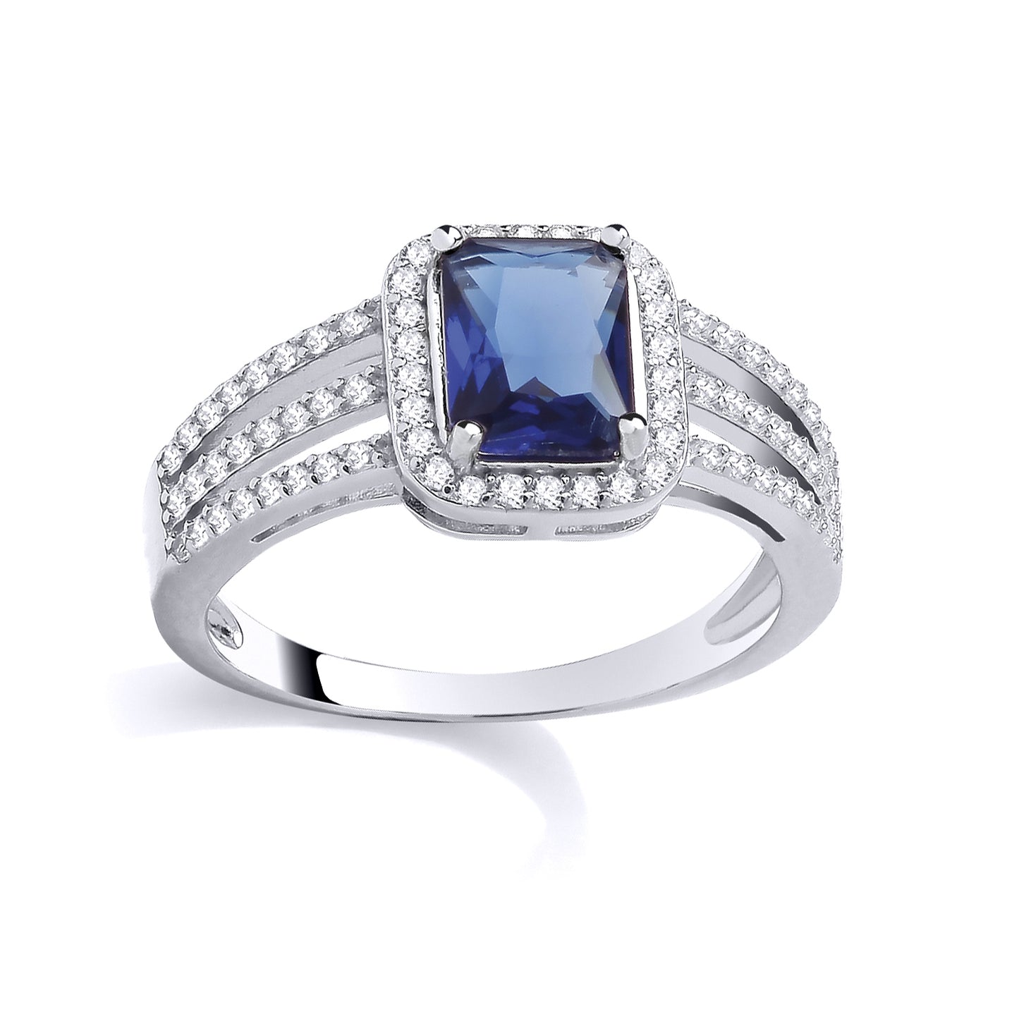 Silver  Blue Radiant CZ Claw Split Shoulder Rectangular Halo Ring - GSR1114