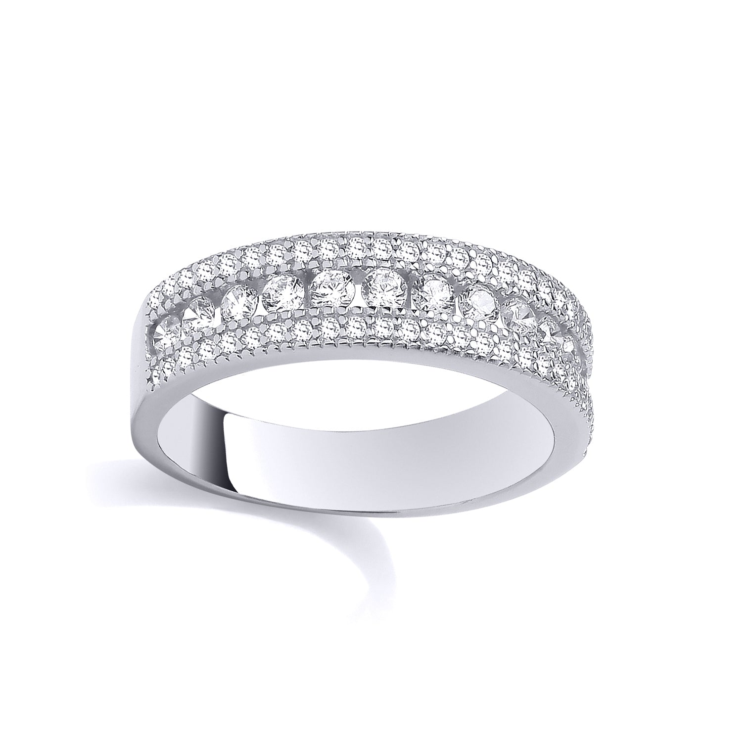 Silver  CZ Trilogy 3 Row Parted Channel Set Half Eternity Ring - GSR1116