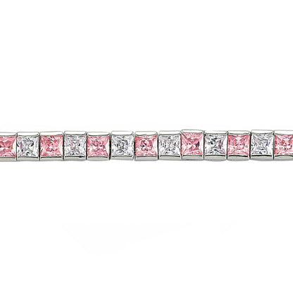 Silver  Pink Princess Cut CZ Eternity Tennis Bracelet 4mm 7.5inch - GVB103