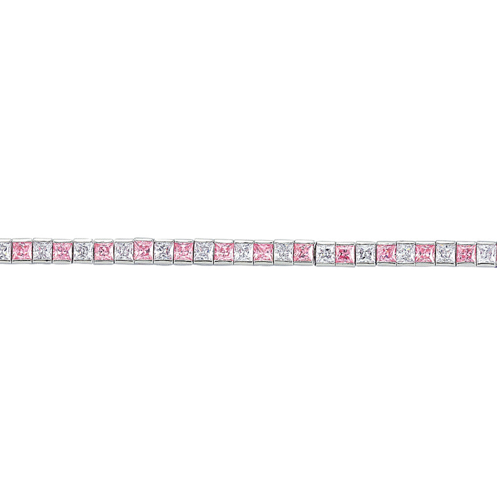 Silver  Pink Princess Cut CZ Eternity Tennis Bracelet 4mm 7.5inch - GVB103