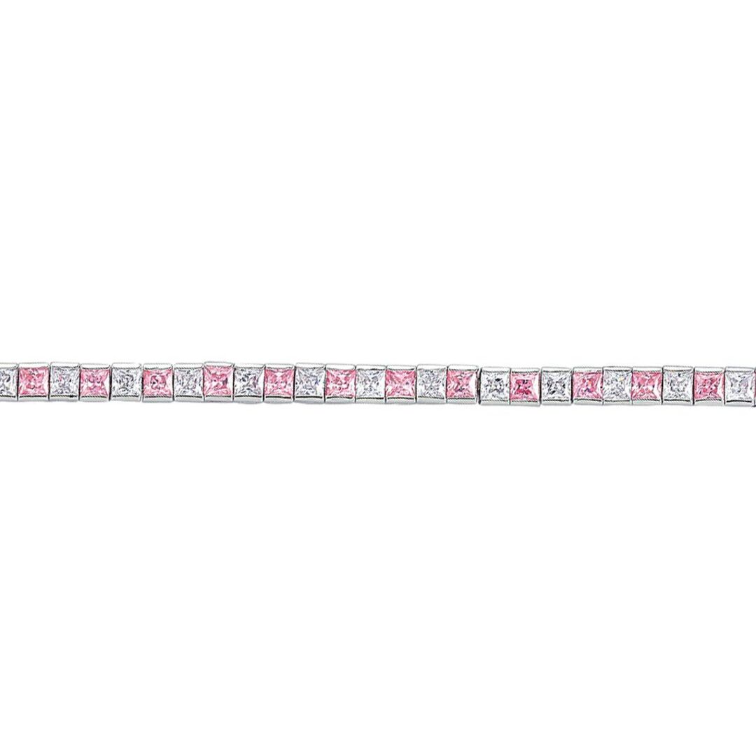 Silver  Pink Princess Cut CZ Eternity Tennis Bracelet 4mm 7.5inch - GVB103