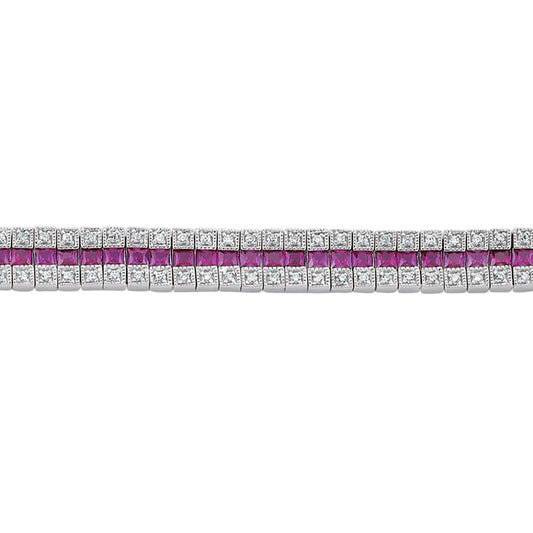 Silver  Red Princess CZ 3 Row Eternity Tennis Bracelet 10mm 7" - GVB118RU