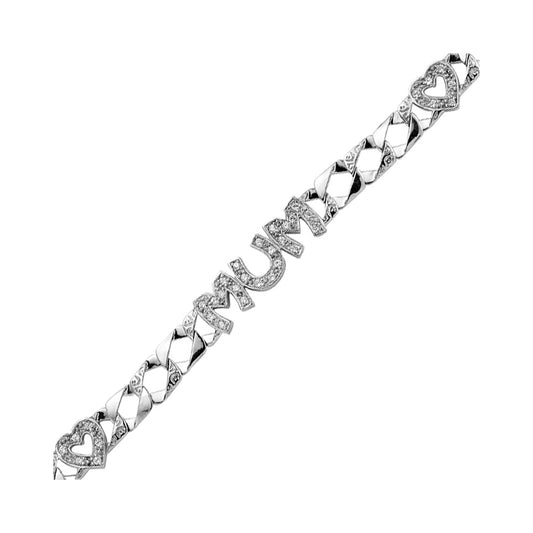 Silver  CZ Curb Love Hearts Mum Chain Bracelet 9mm 6.75 inch - GVB132