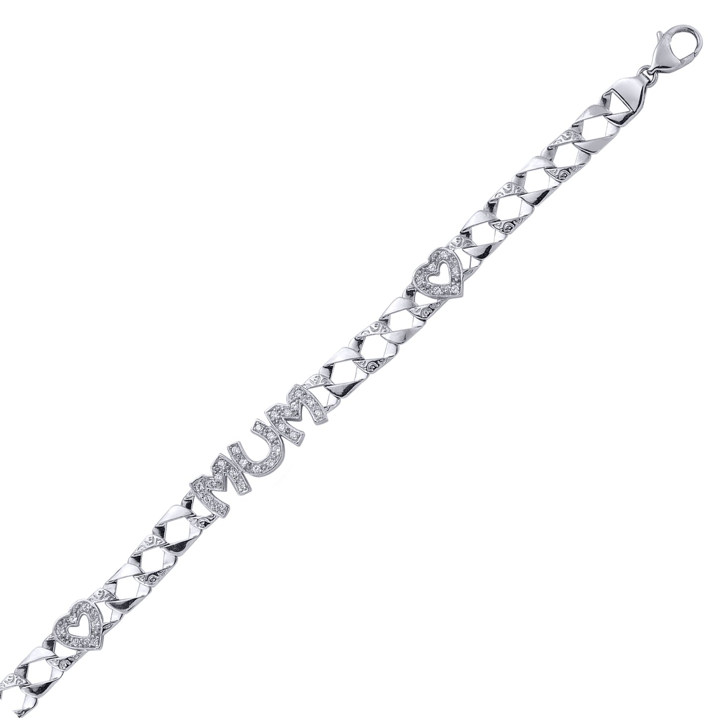 Silver  CZ Curb Love Hearts Mum Chain Bracelet 9mm 6.75 inch - GVB132