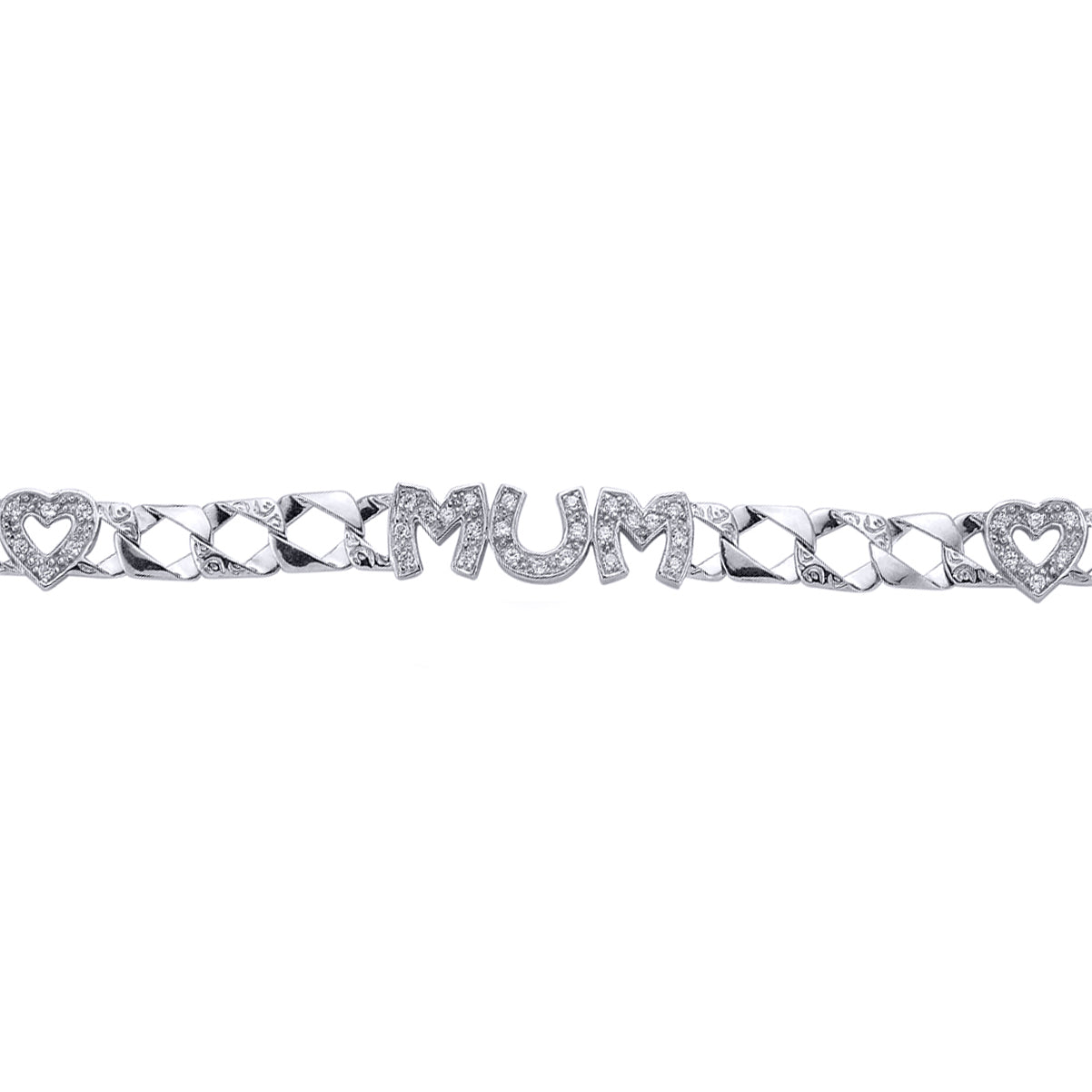 Silver  CZ Curb Love Hearts Mum Chain Bracelet 9mm 6.75 inch - GVB132