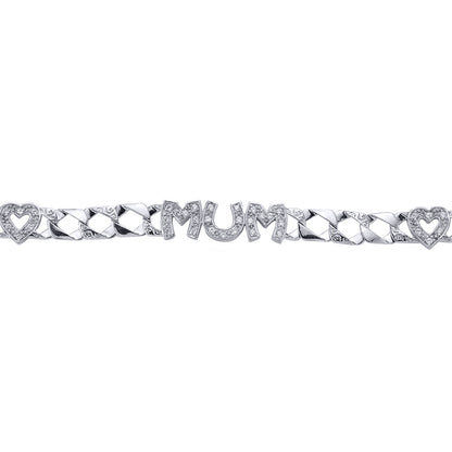 Silver  CZ Curb Love Hearts Mum Chain Bracelet 9mm 6.75 inch - GVB132