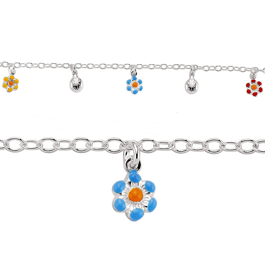 Girls Silver  Daisy Ladybird Charm Bracelet 5.5-6.25" 14-16cm - GVB160