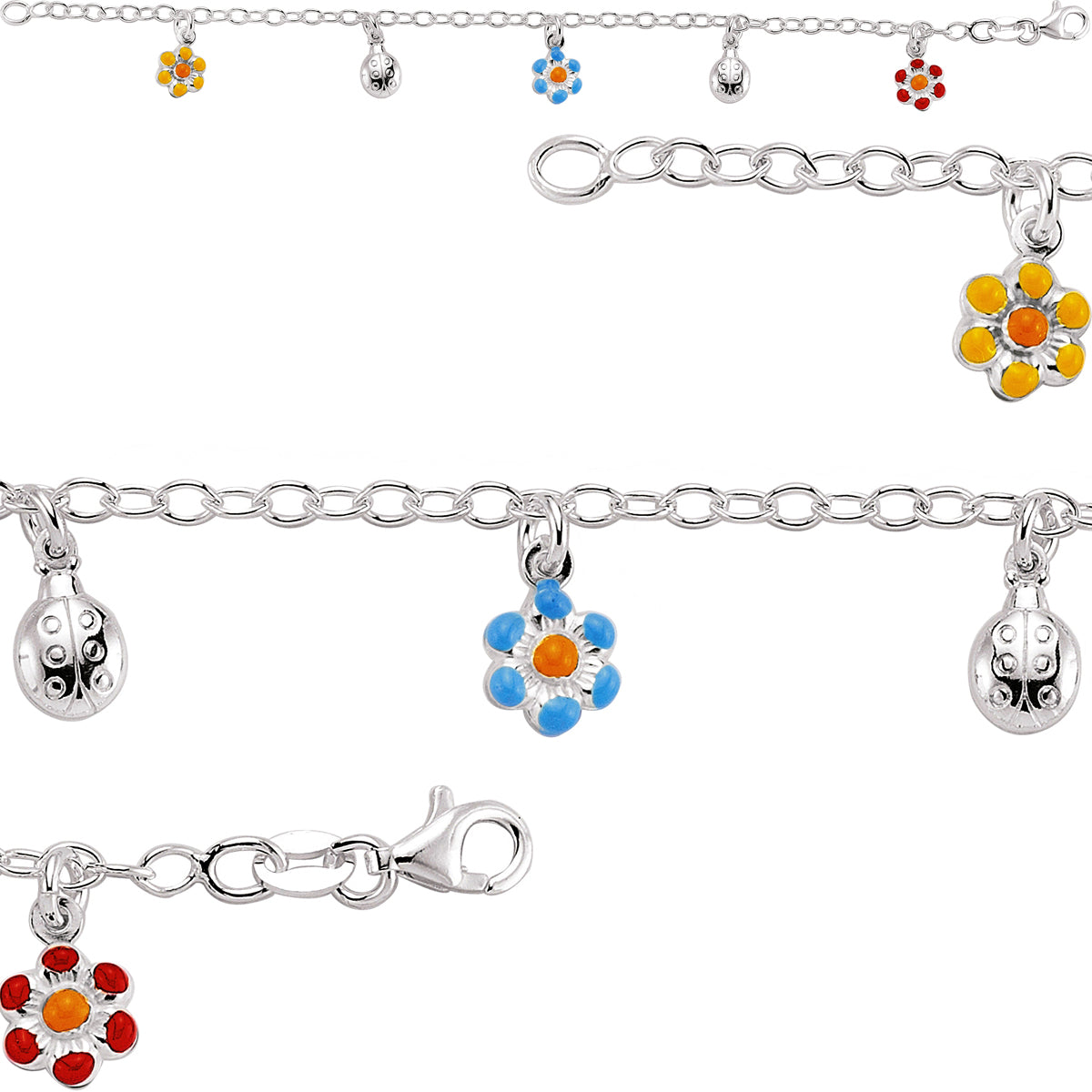 Girls Silver  Daisy Ladybird Charm Bracelet 5.5-6.25" 14-16cm - GVB160