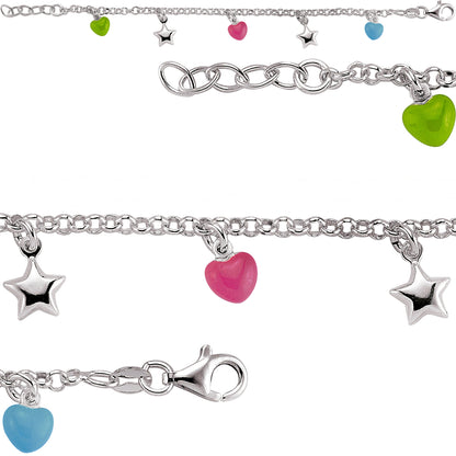 Girls Silver  Hearts & Stars Charm Bracelet 5.5-6.25" 14-16cm - GVB162