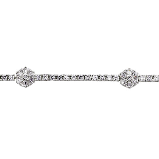 Silver  Baguette CZ Baguette Flower Tennis Bracelet 9mm 7 inch - GVB169