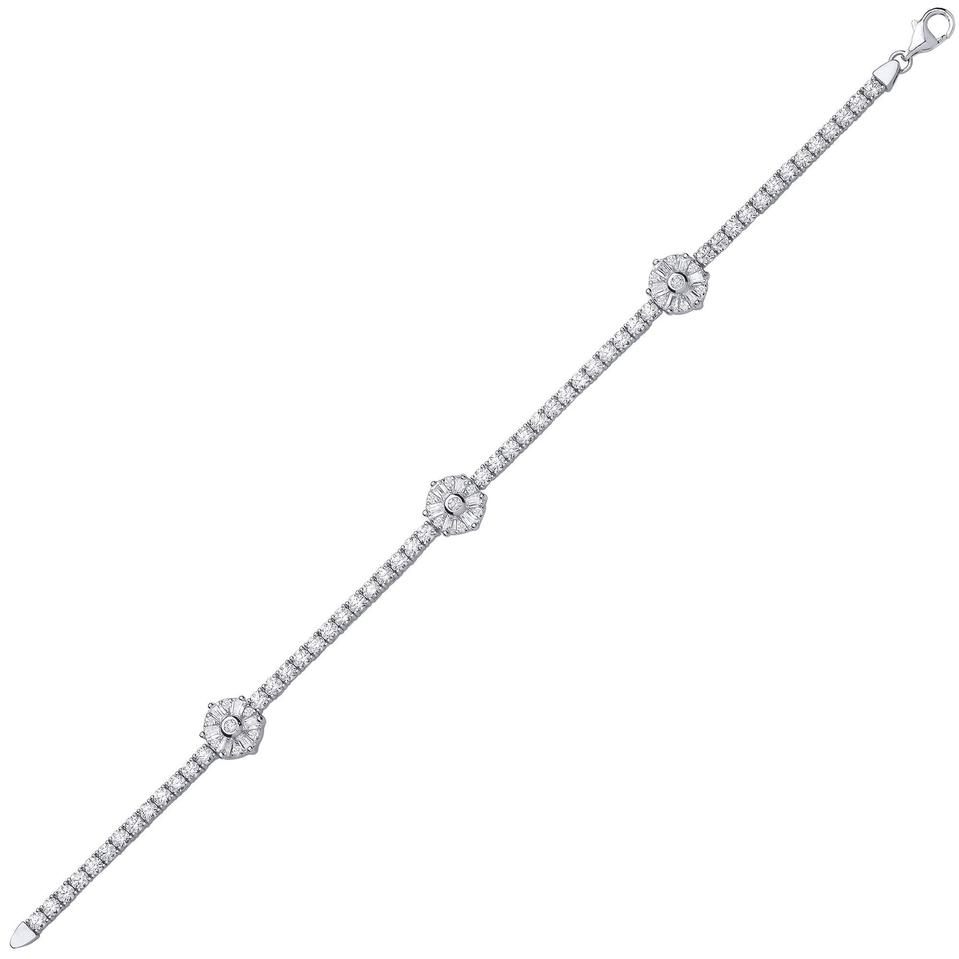 Silver  Baguette CZ Baguette Flower Tennis Bracelet 9mm 7 inch - GVB169