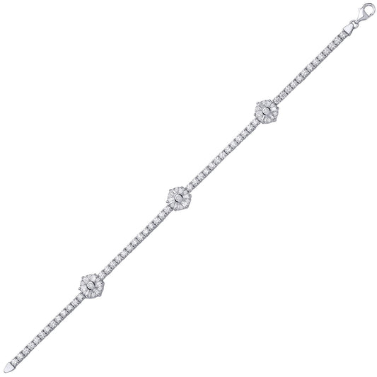 Silver  Baguette CZ Baguette Flower Tennis Bracelet 9mm 7 inch - GVB169