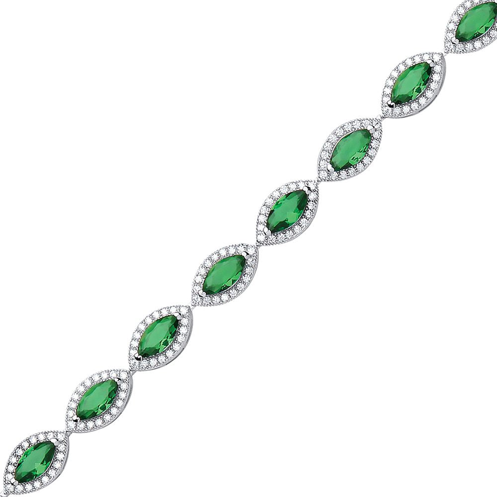 Silver  Green Marquise CZ Halo Cat's Eye Tennis Bracelet 9mm 6.5" - GVB210EM