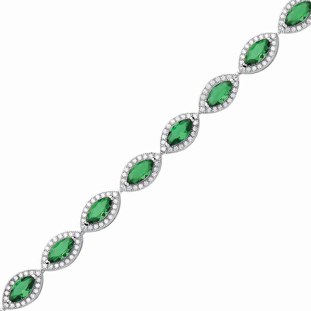 Silver  Green Marquise CZ Halo Cat's Eye Tennis Bracelet 9mm 6.5" - GVB210EM