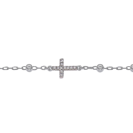 Silver  CZ Sparkle Bead Pave Cross Charm Bracelet - GVB236