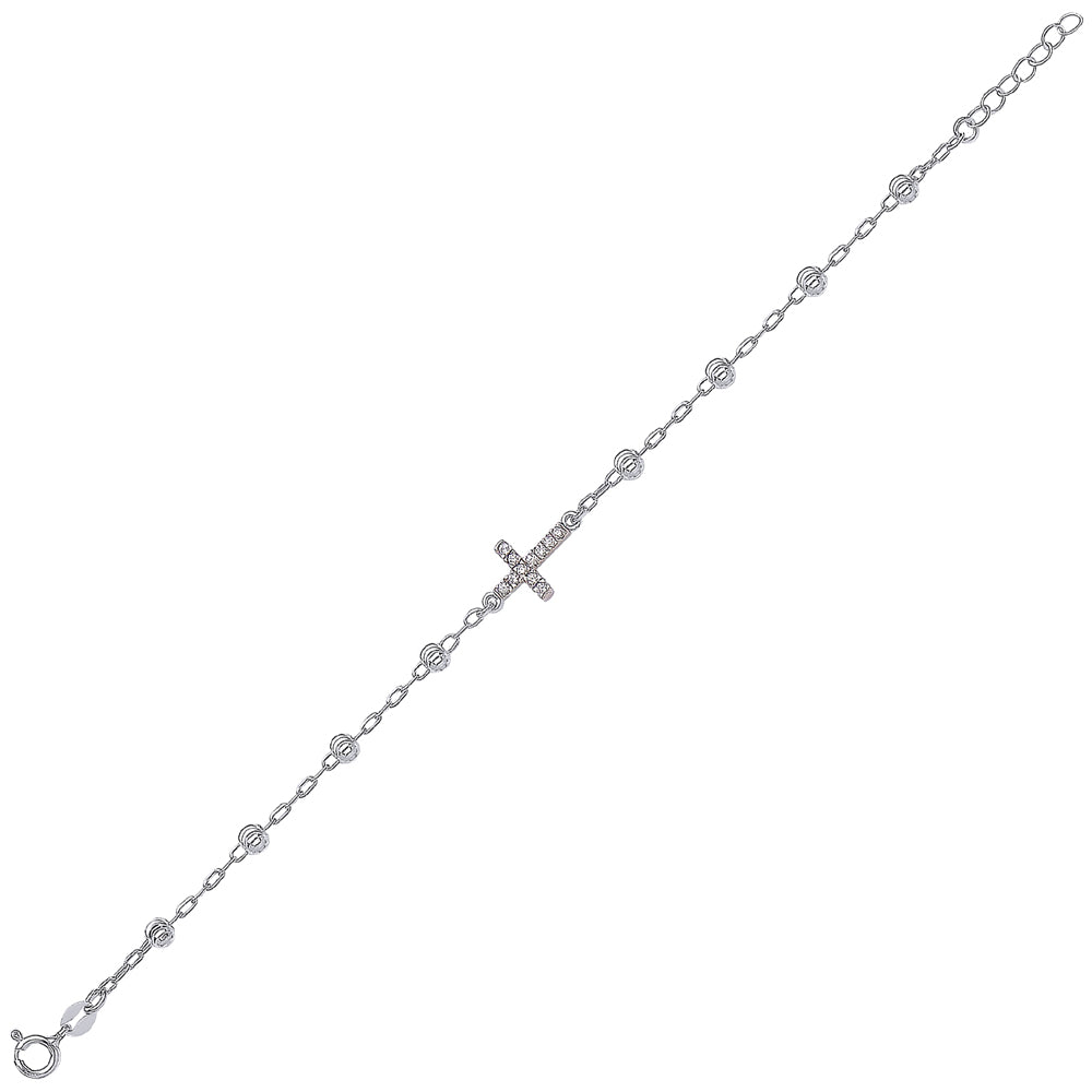 Silver  CZ Sparkle Bead Pave Cross Charm Bracelet - GVB236