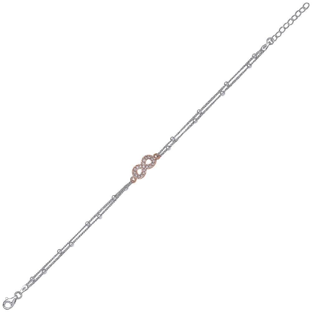 2-Colour Silver  CZ Bead Pave Infinity Charm Bracelet - GVB237