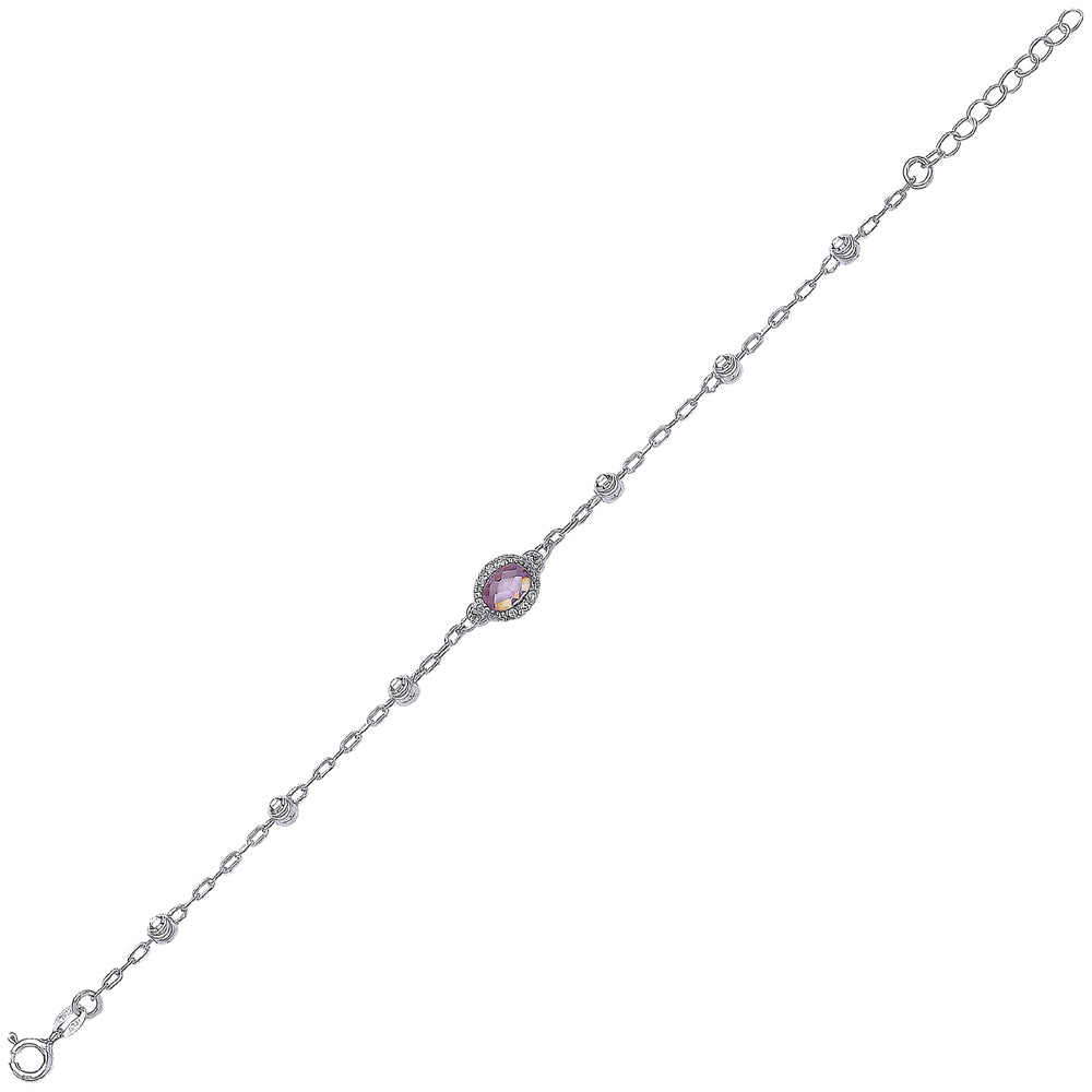 Silver  Purple Oval CZ Halo Bead By The Inch Bracelet - GVB238