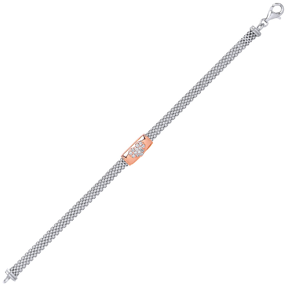 2-Colour Silver  CZ Heart Bar Correana Bracelet - GVB245