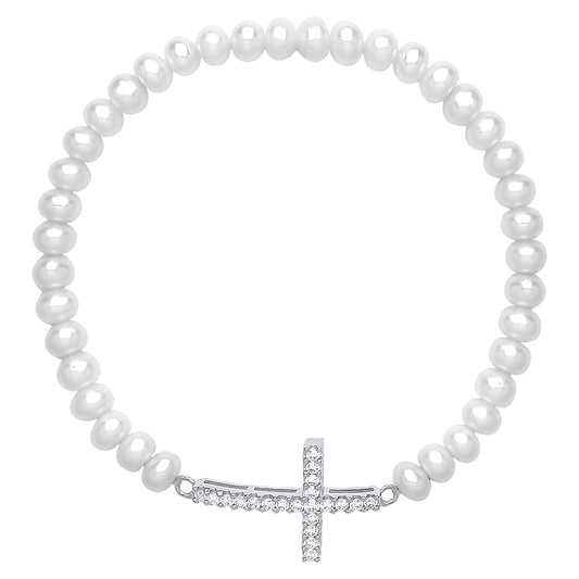 Silver  CZ Pearl Inverted Cross Bead Bracelet 5mm 5mm - GVB270