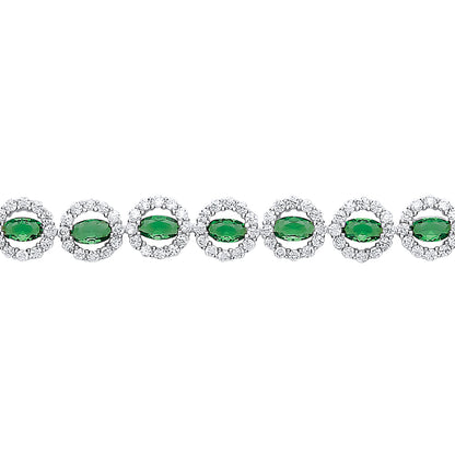 Silver  Green oval CZ Alternating Halo Tennis Bracelet 7mm 7-7.5" - GVB329EM