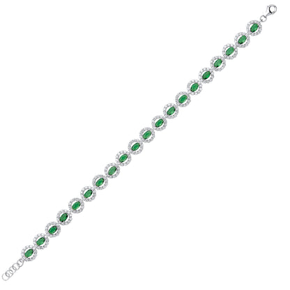 Silver  Green oval CZ Alternating Halo Tennis Bracelet 7mm 7-7.5" - GVB329EM