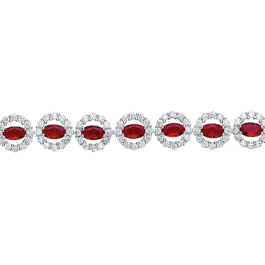 Silver  Rose red oval CZ Halo Tennis Bracelet 7mm 7-7.5" - GVB329RUBY