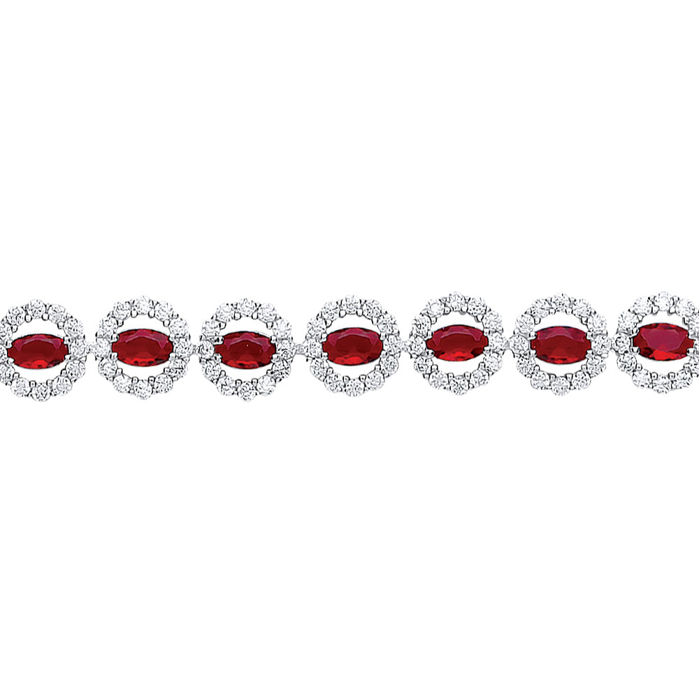 Silver  Rose red oval CZ Halo Tennis Bracelet 7mm 7-7.5" - GVB329RUBY