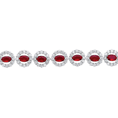 Silver  Rose red oval CZ Halo Tennis Bracelet 7mm 7-7.5" - GVB329RUBY