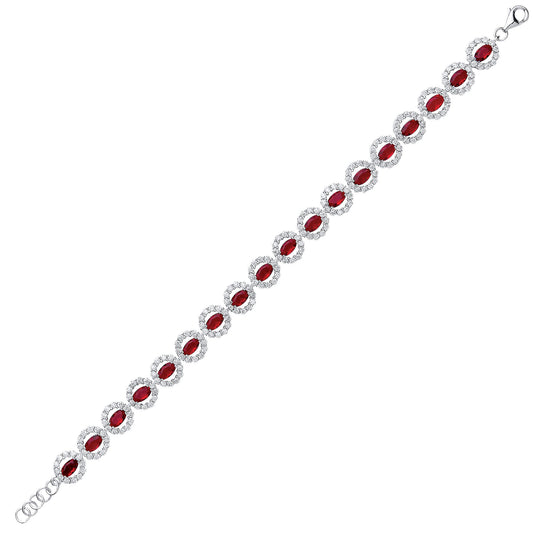 Silver  Rose red oval CZ Halo Tennis Bracelet 7mm 7-7.5" - GVB329RUBY