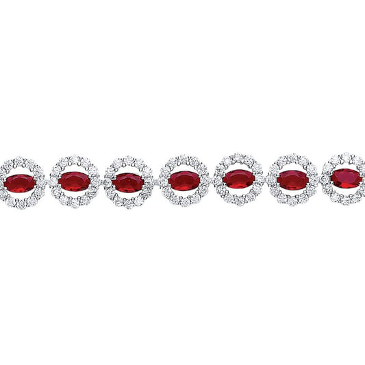 Silver  Rose red oval CZ Halo Tennis Bracelet 7mm 7-7.5" - GVB329RUBY