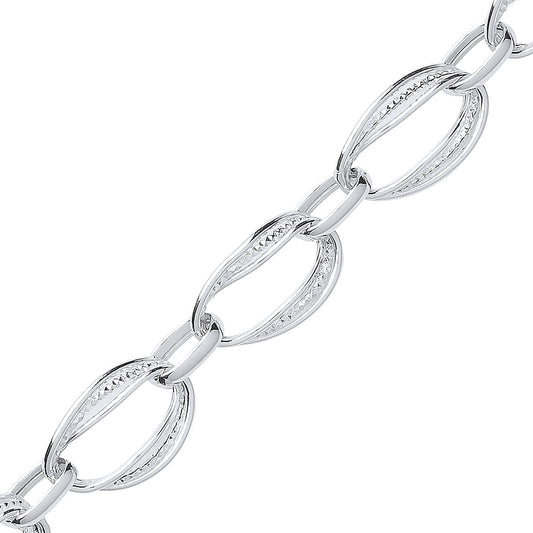 Silver  Patterned Hammered Oval Chain Bracelet - GVB345