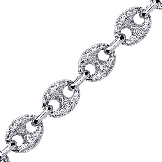 Silver  Engraved Cocoa Coffee Bean Chain Bracelet 16mm 8 inch - GVB352
