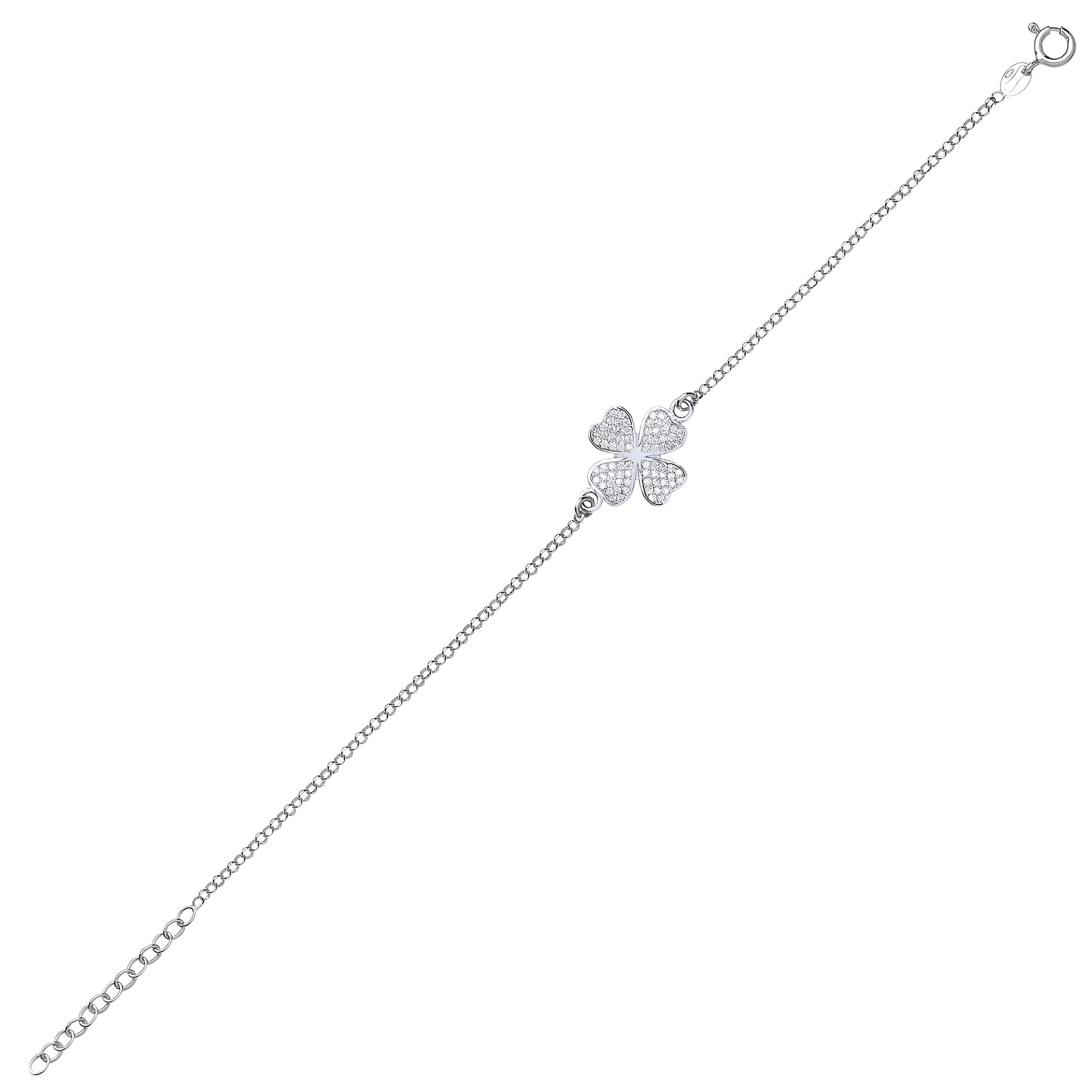 Silver  CZ Lucky 4 Leaf Clover Charm Bracelet - GVB364RH