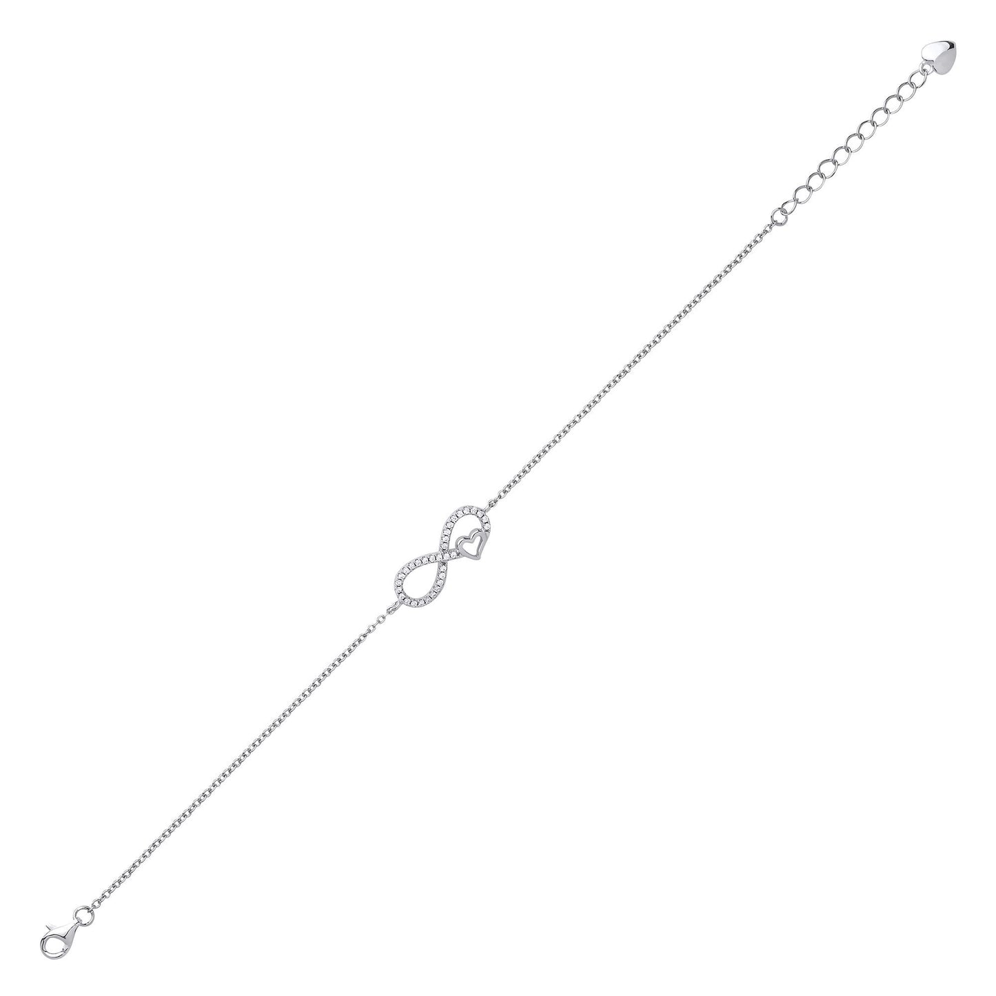 Silver  CZ Love Heart Infinity Charm Bracelet 10mm 6 inch - GVB377
