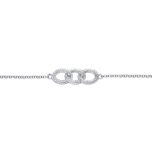 Silver  CZ Trilogy Linked Rings Charm Bracelet - GVB388