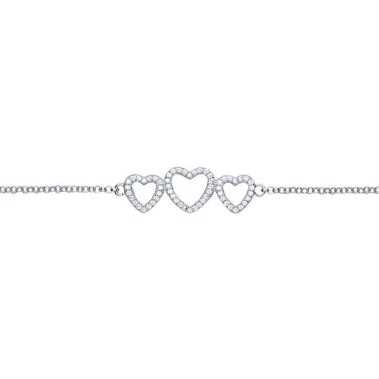 Silver CZ Trilogy Love Heart Charm Bracelet 10mm 7 inch - GVB390