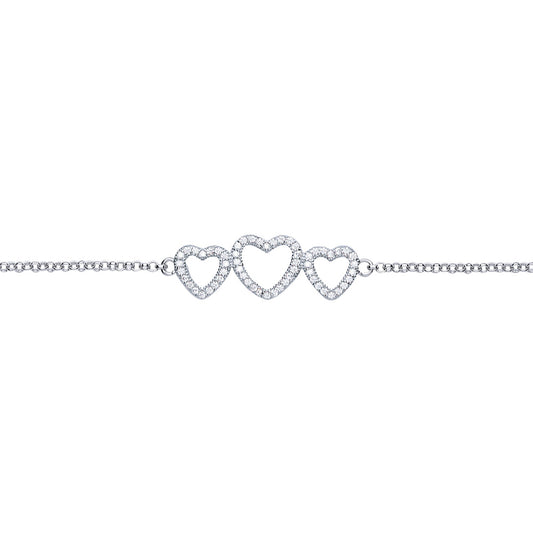Silver  CZ Trilogy Love Heart Charm Bracelet 10mm 7 inch - GVB390