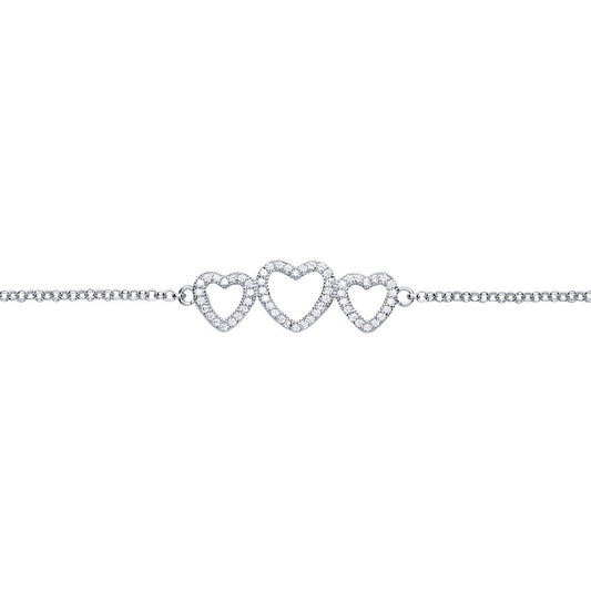Silver  CZ Trilogy Love Heart Charm Bracelet 10mm 7 inch - GVB390