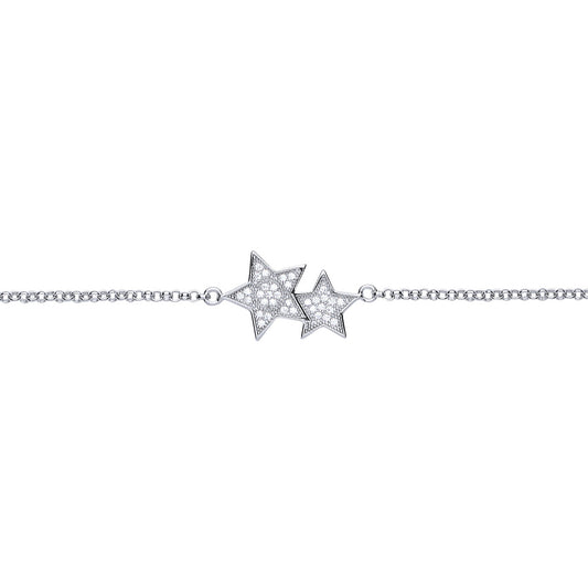 Silver  CZ Twin Twinkle Stars Charm Bracelet 13mm 7 inch - GVB391